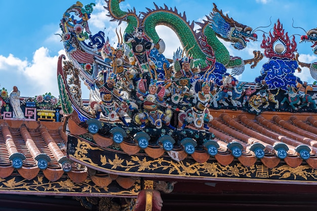 These figurines are placed on top of an old chinese taoist temple as part