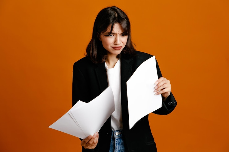 Free Photo thinking holding papers young beautiful female wearing black jacket isolated on orange background