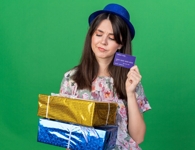 Free Photo thinking looking down young beautiful girl wearing party hat holding gift boxes with credit card isolated on green wall