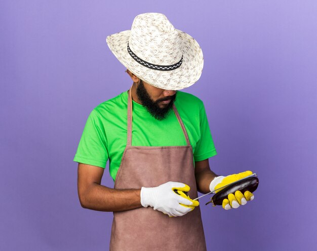 Thinking young gardener afro-american guy wearing gardening hat and gloves measuring eggplant with tape measure 