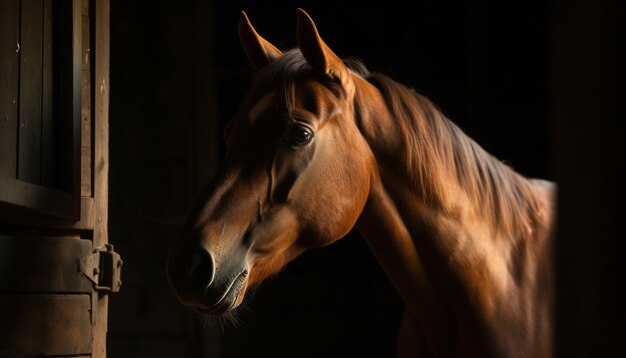 Thoroughbred horse grazing in lush green meadow generated by AI