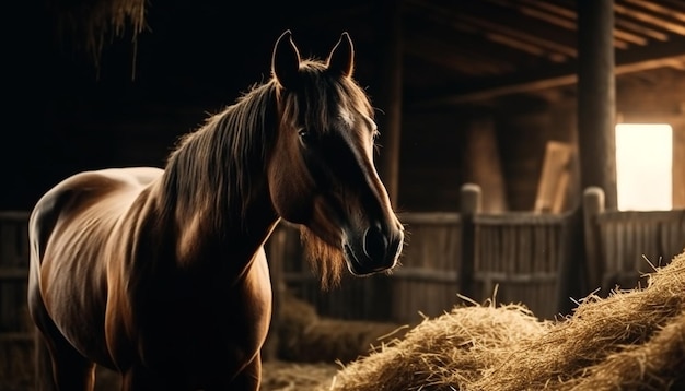 Thoroughbred horse grazing in meadow at sunset generated by ai