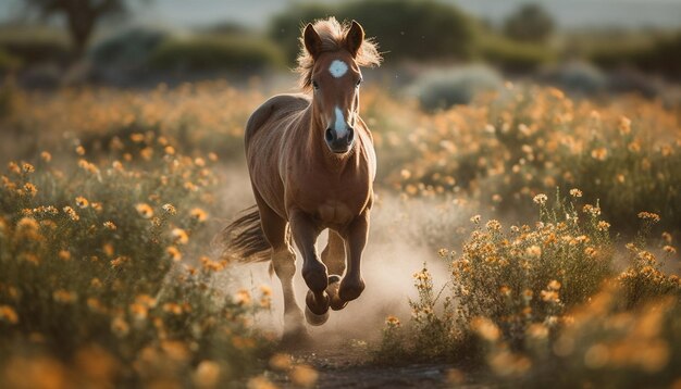 Free photo thoroughbred stallion running free in wildflower meadow generated by ai