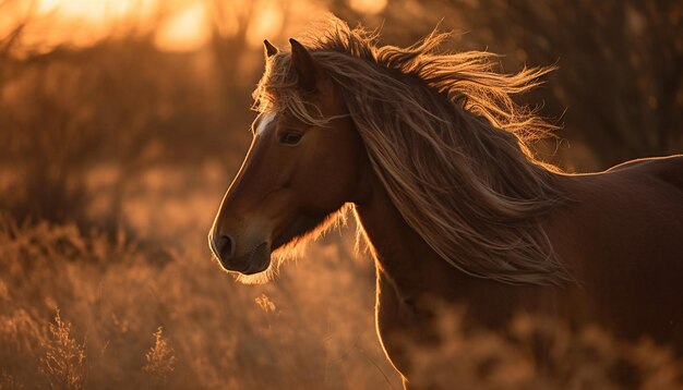 Thoroughbred stallion runs free in meadow at sunset generated by AI