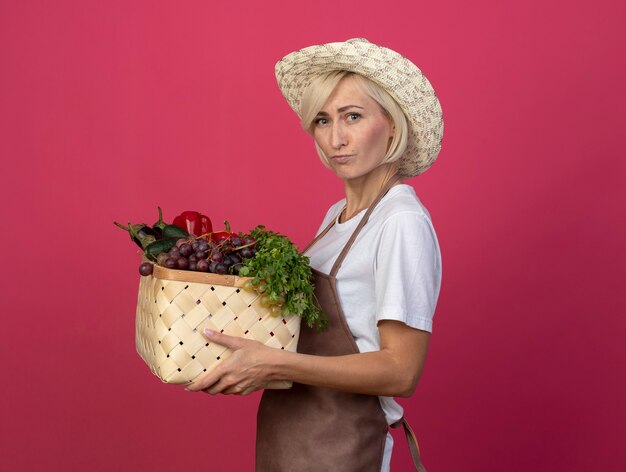 복사 공간이 있는 진홍색 벽에 격리된 야채 바구니를 들고 프로필 보기에 서 있는 모자를 쓰고 제복을 입은 사려 깊은 중년 금발 정원사