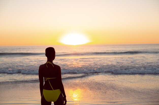 Thoughtful woman in bikini standing on the beach