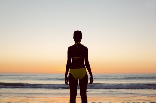 Thoughtful woman in bikini standing on the beach