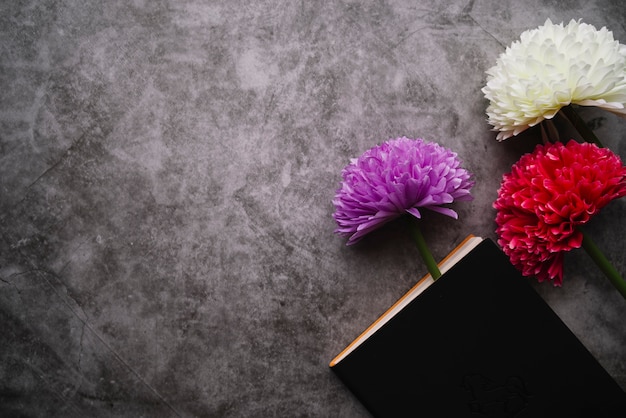 회색 콘크리트 배경에 닫힌 책 세 아름다운 꽃