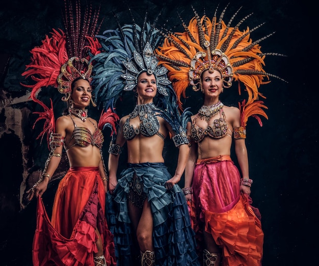無料写真 伝統的なブラジルのカーニバルの衣装を着た3人の美しい若い女性が、スタジオで写真家のポーズを取っています。