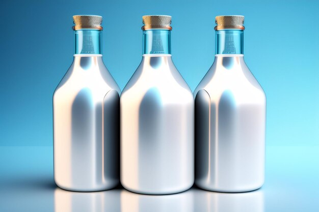 Three bottles of silver liquid are lined up against a blue background.