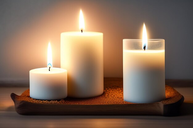 Three candles on a tray with the word candle on it