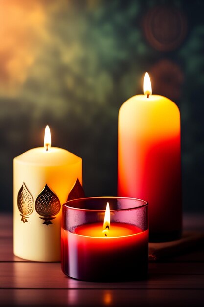 Three candles with leaves on them and one with a candle in the background