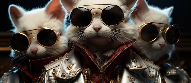 Three cats in a red jacket and sunglasses on a dark background