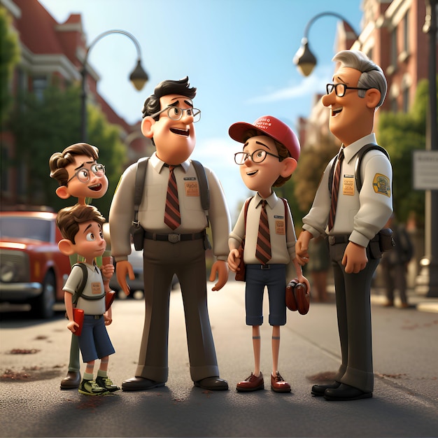 Free photo three children and a policeman in the city 3d rendering