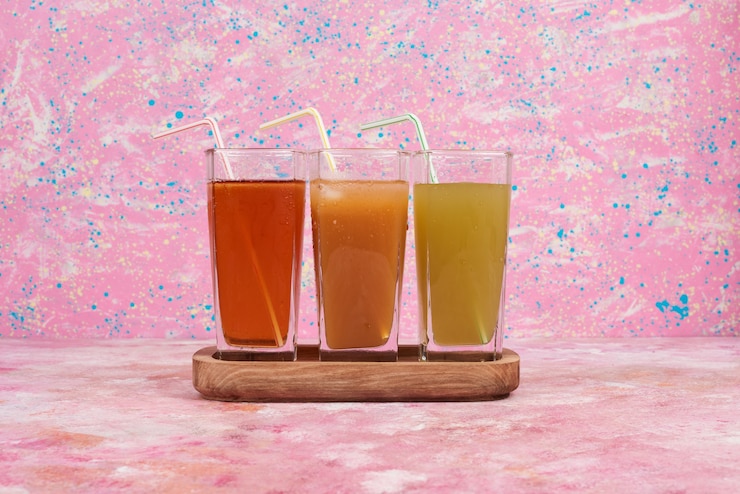 Free Photo three color glasses of juice in a wooden board.
