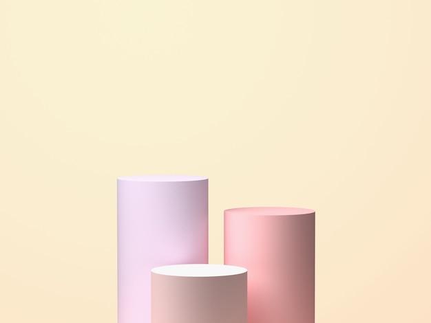 Three cylinders on pastel background. geometric 3d shapes, art design. 3d rendering