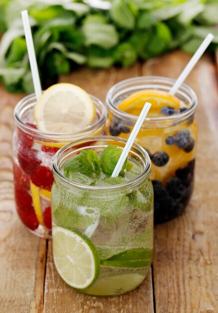 Three different drinks on a table