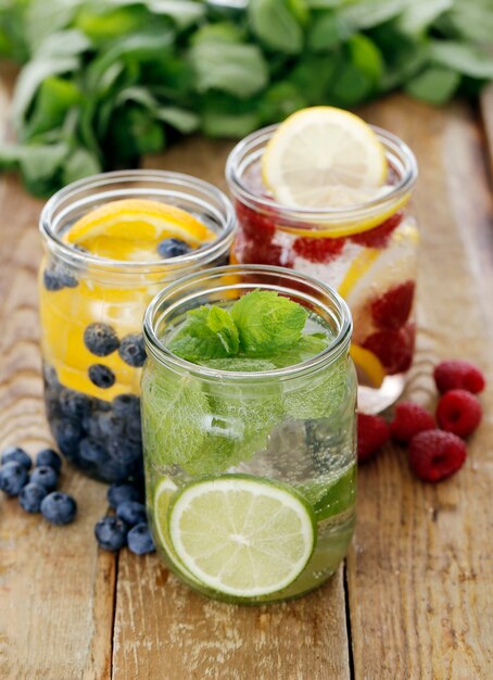 Three different drinks on a table