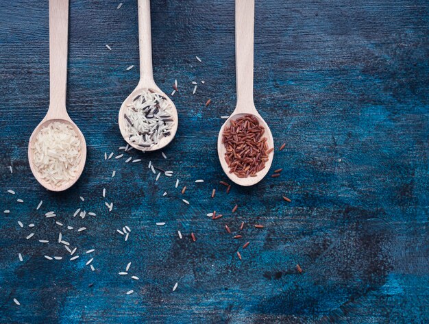 Three different types of rice in spoons