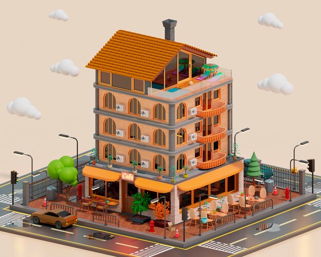 Three-dimensional view of cartoon apartment building