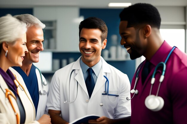 Three doctors talking with one of them wearing a white coat and the other wearing a stethoscope.