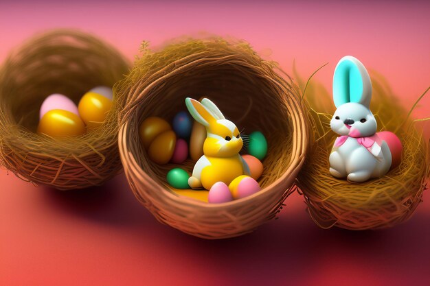 Три пасхальных яйца в гнезде с кроликом посередине