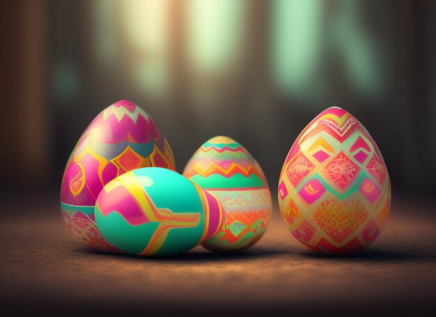 Three easter eggs on a wooden table with a dark background.