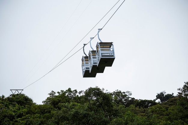 コスタリカの熱帯雨林の上の3つの空のケーブルカー