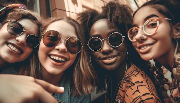 Free photo three girls smiling and wearing sunglasses, one of them has a smile on her face.