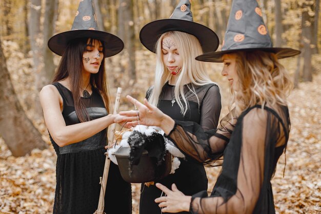 Три девушки-ведьмы в лесу на Хэллоуин. Девушки в черных платьях и шляпках-конусах. Ведьмы держат магические вещи.