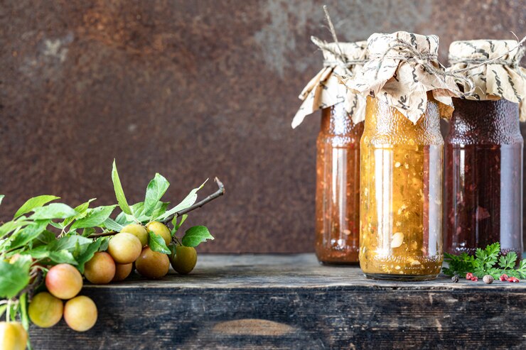 Free Photo three glass bottles of assorted georgian tkemali sauce with ingredients on rustic wooden table