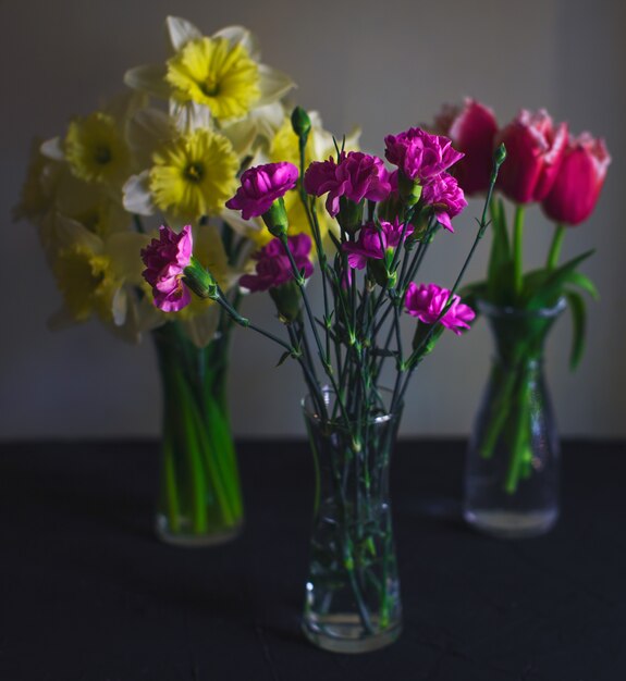 Three glass vases of carnation, daffodil, tulips