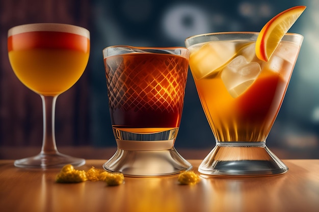 Три стакана алкоголя на столе с надписью «апельсин»