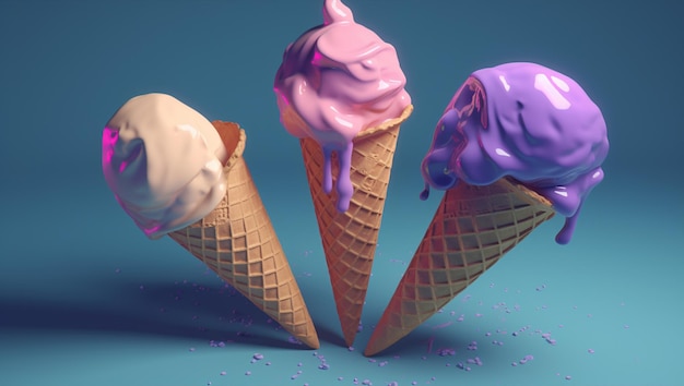 Three ice cream cones with one being filled with purple and purple.