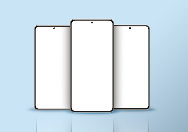 青い背景の3つの分離されたスマートフォン
