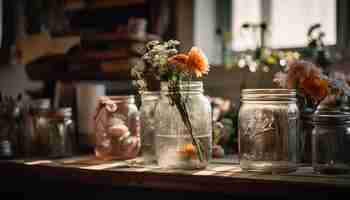 Free photo three mason jars with flowers on a table