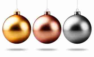 Free photo three metallic christmas balls hanging isolated on a total white background