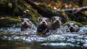 Foto gratuita tre lontre nuotano in un fiume.