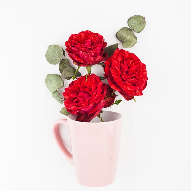 Три красные розы с сухими листьями в розовой кружке на белом фоне