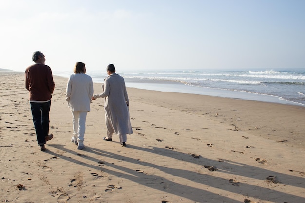 맑은 가을날을 즐기는 세 선배는 젖은 모래 위에 발자국을 남기고 혼자 해변을 걷고 있다. 남자와 두 여자가 함께 이야기하고 시간을 즐기고 있습니다. 우정, 레저 개념