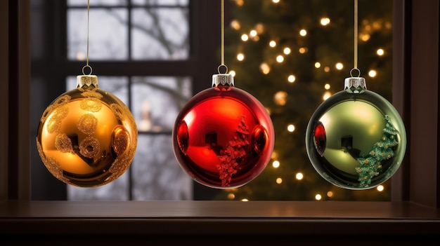 Foto gratuita tre brillanti ornamenti natalizi adornano l'angolo inferiore creando ampio spazio per il tuo messaggio natalizio