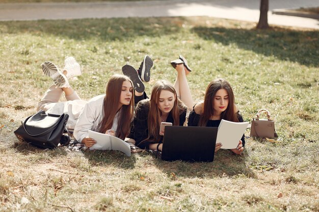 Three students sitting on a grass with laptop