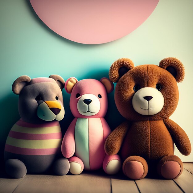 Three stuffed animals are sitting in front of a pink circle.