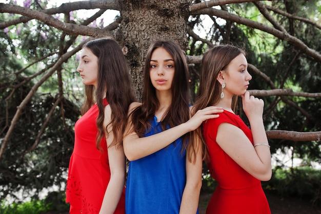 파란색과 빨간색 드레스를 입은 세 십대 소녀가 야외에서 포즈를 취했습니다.