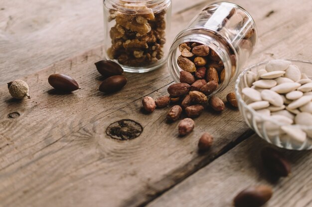 Three types of nuts in glasses