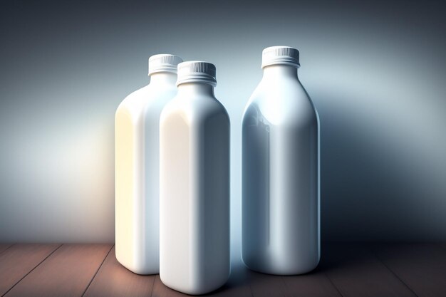 Three white bottles with one that says " milk " on the top.