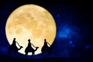 Three wise men silhouette over a full moon