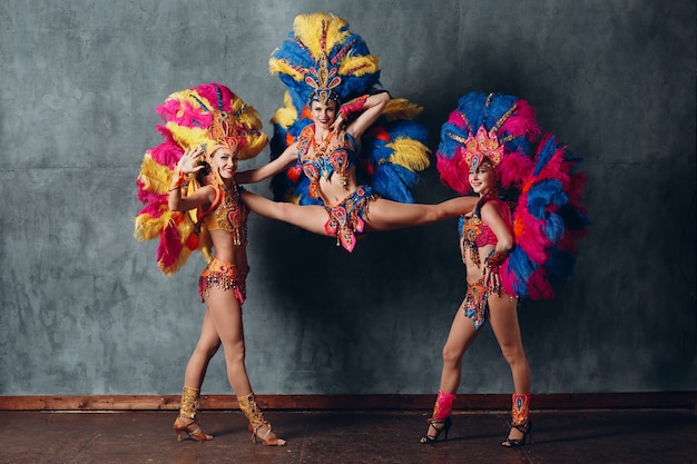 Three woman in brazilian samba carnival costume with colorful feathers plumage.