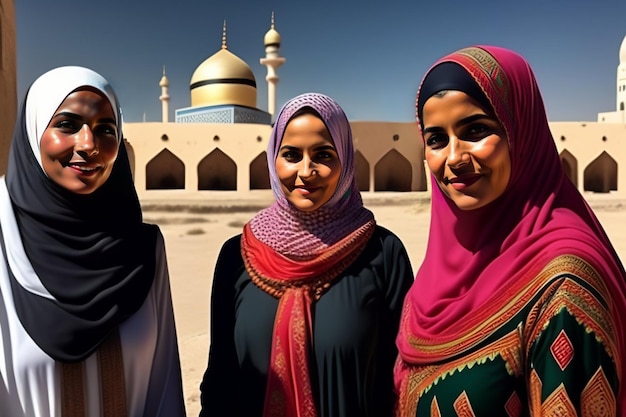 Free photo three women stand in front of a mosque.