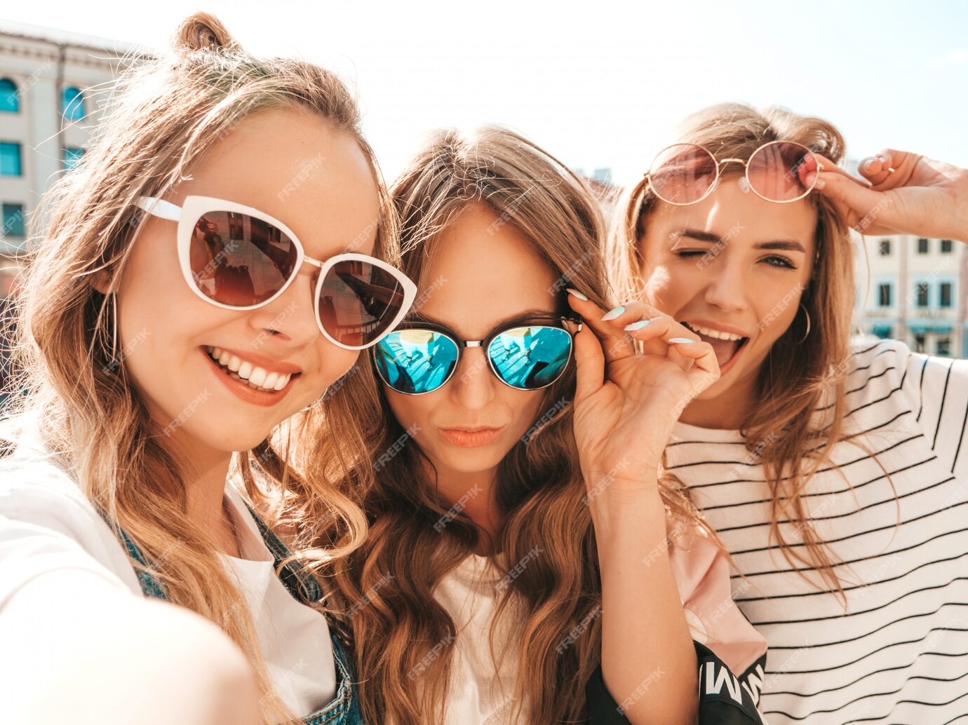 Free Photo Three Young Smiling Hipster Women In Summer Clothesgirls Taking Selfie Self